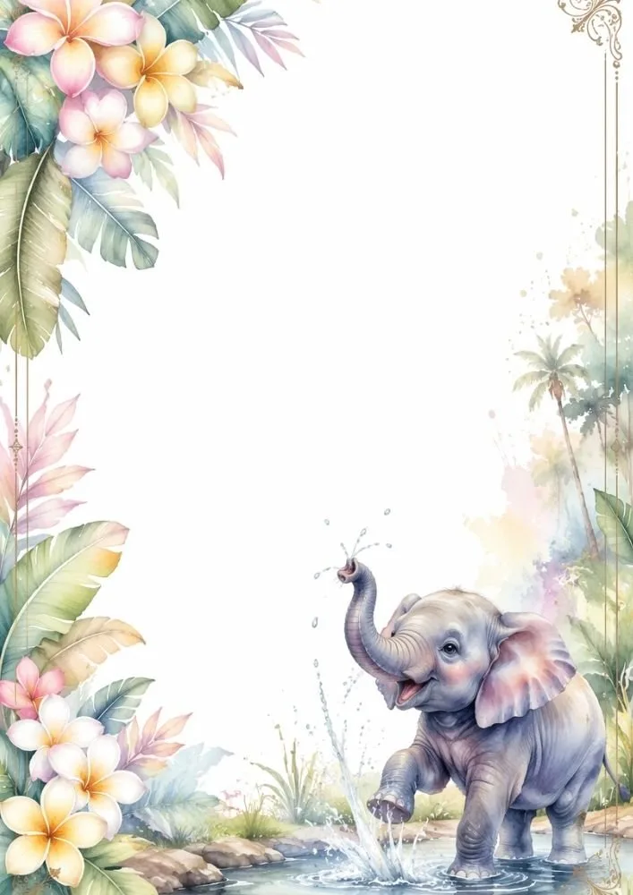 Baby elephant splashing water in a tropical floral watercolor border.