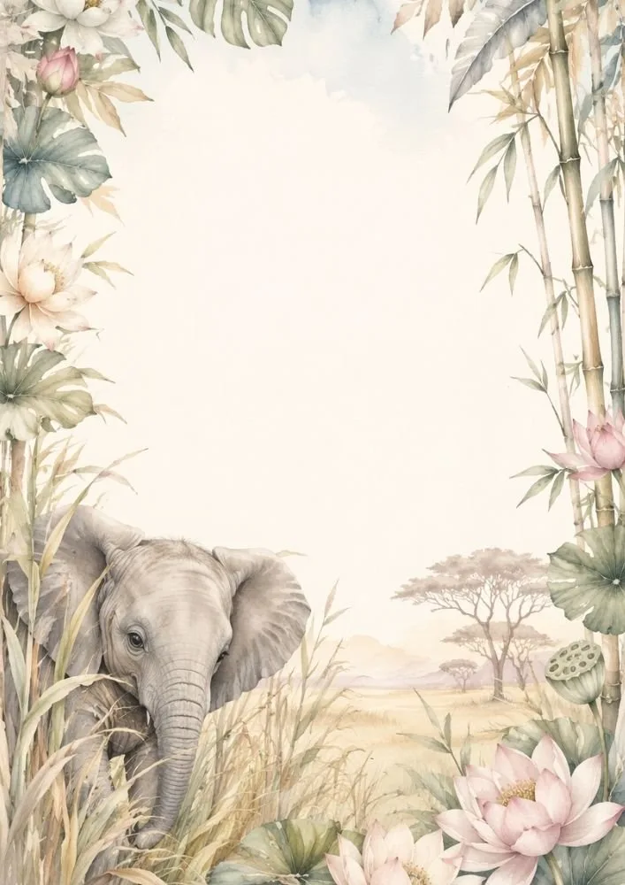 Elephant in tall grass with bamboo and floral watercolor border.