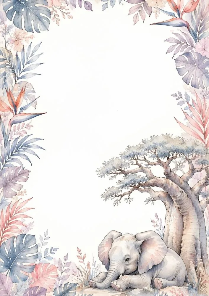 Baby elephant resting beneath a baobab tree with botanical border.