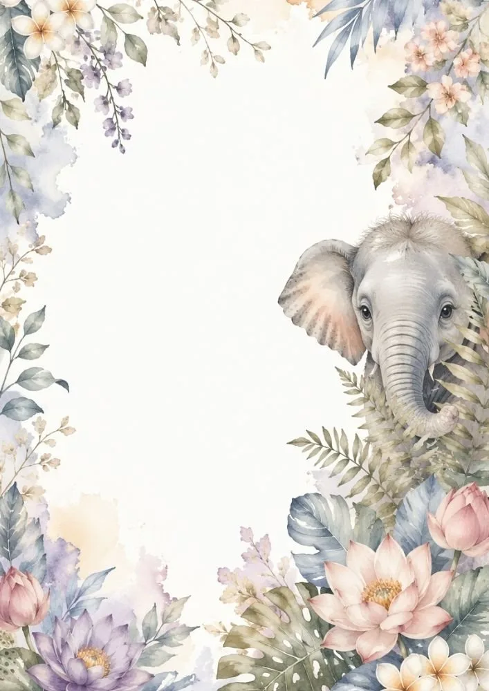Elephant peeking through foliage with lotus flowers and soft floral frame.