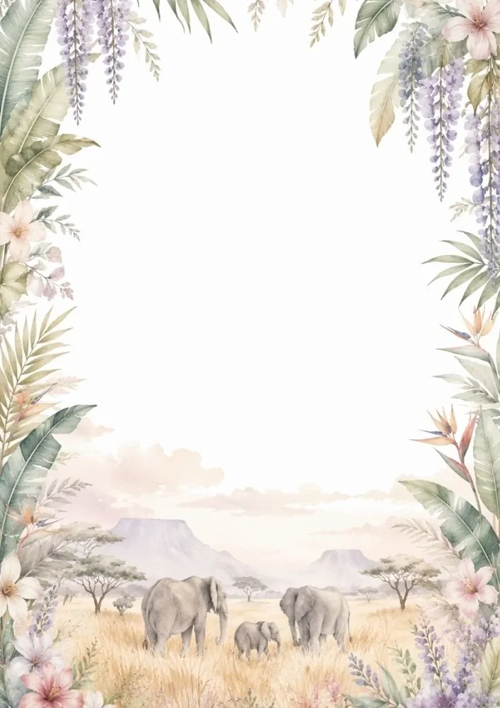 Elephant family in a savannah surrounded by watercolor floral borders.