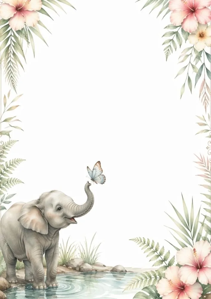 Baby elephant reaching for a butterfly within a floral watercolor border.