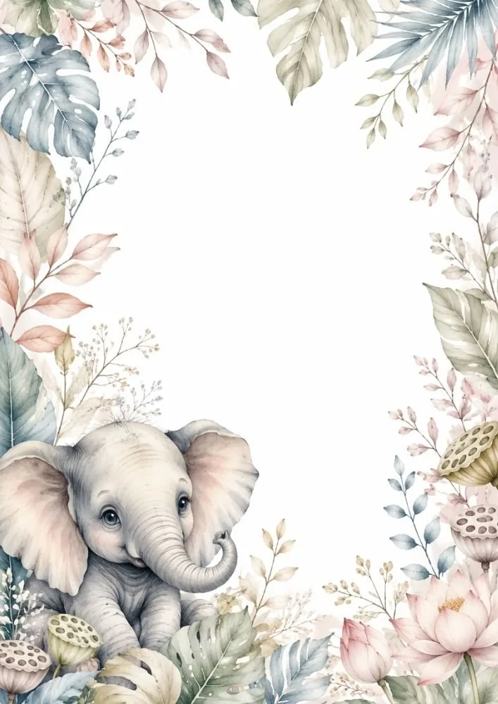 Baby elephant by a stream with tropical flowers and foliage.