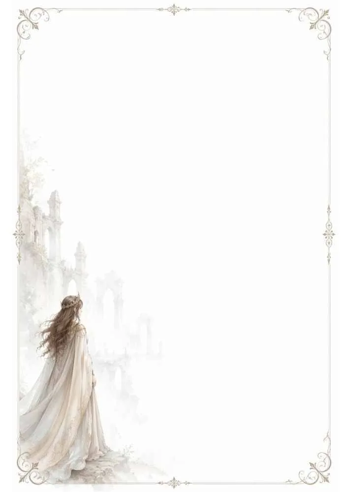 Princess in a flowing gown near old ruins with a thin floral border and a large blank center.