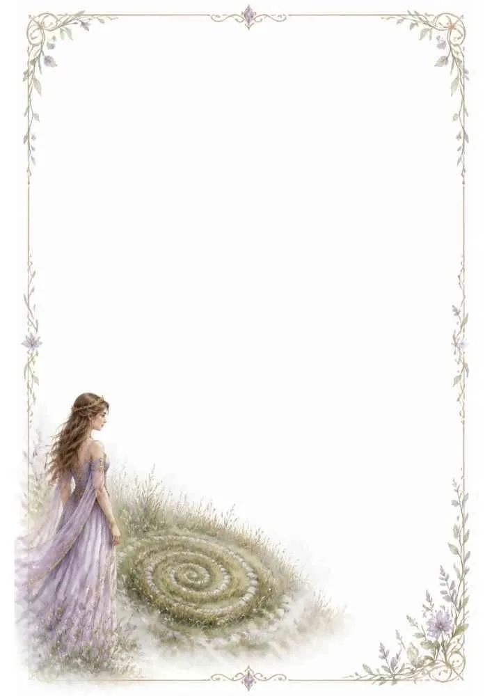 Princess beside a spiral garden with a floral border and a blank center.