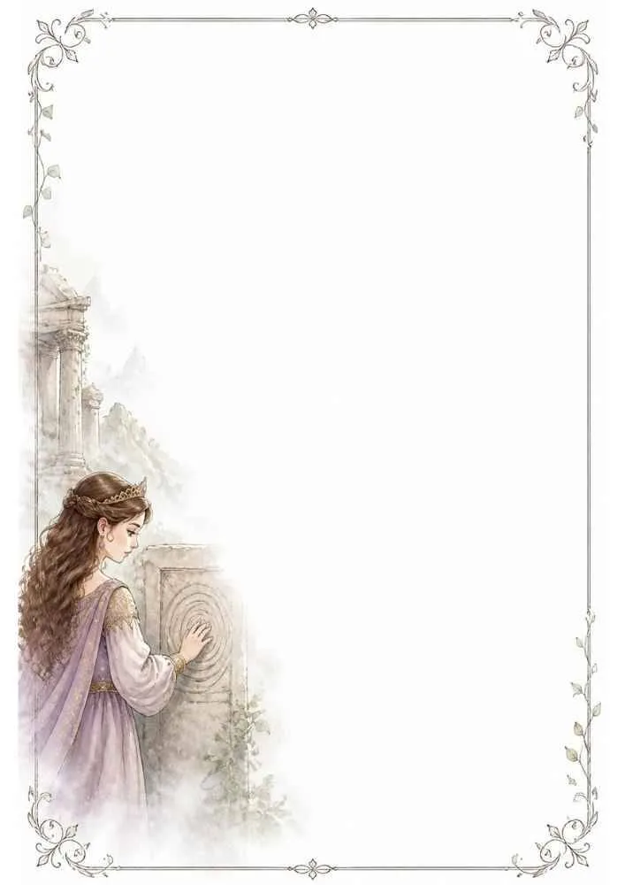 Princess touching a stone maze near ruins with a decorative border.