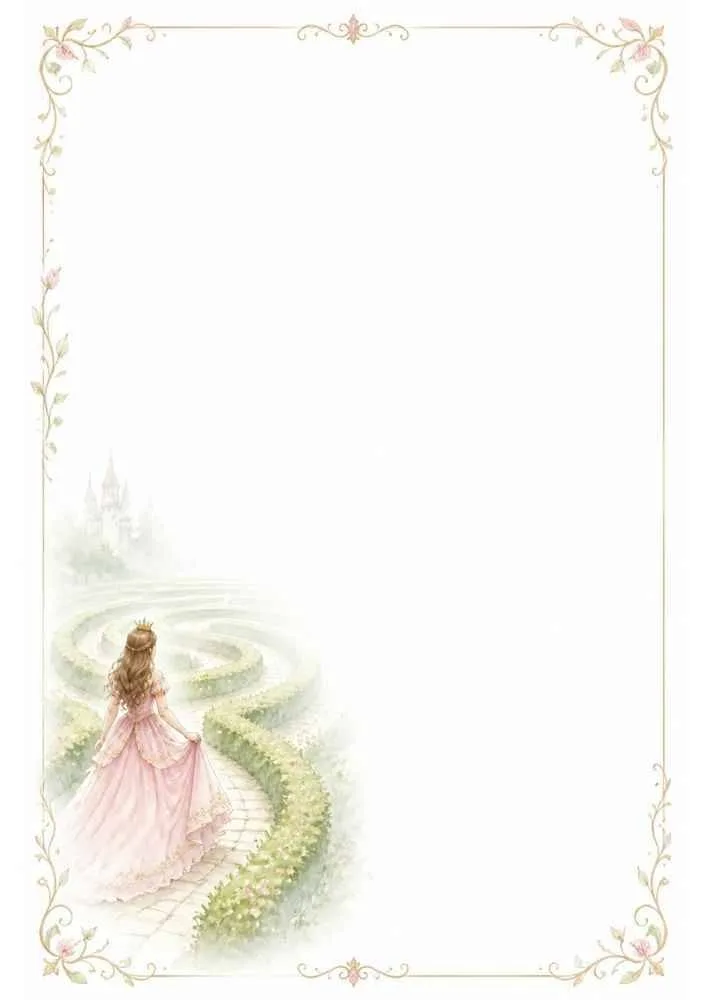 Princess walking through a hedge maze toward a castle with a floral border.