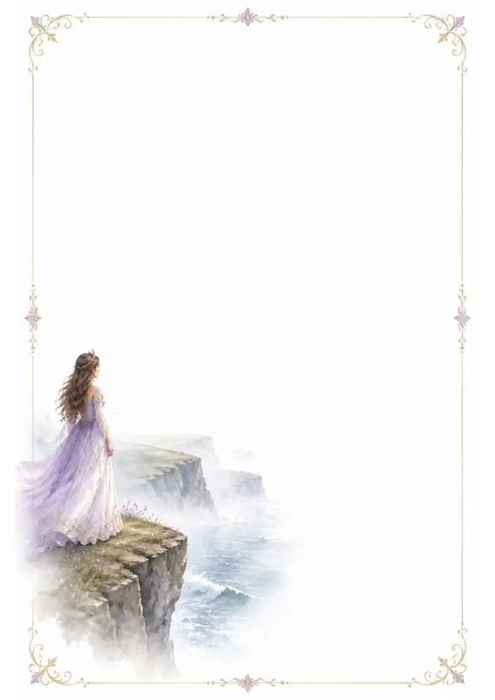 Princess on ocean cliffs with waves below and a decorative border.