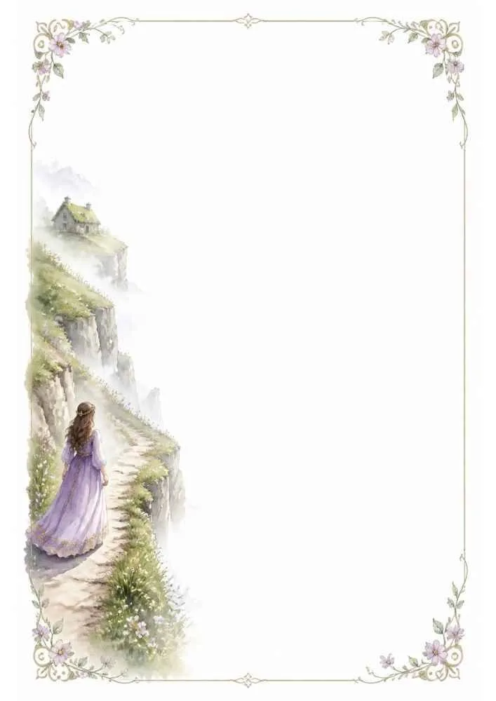 Princess walking toward a cottage on a cliff with a floral border.