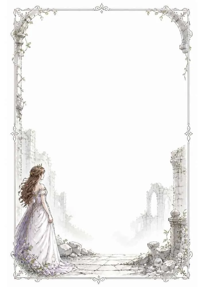 Princess near castle ruins with an ornate border and a blank center.
