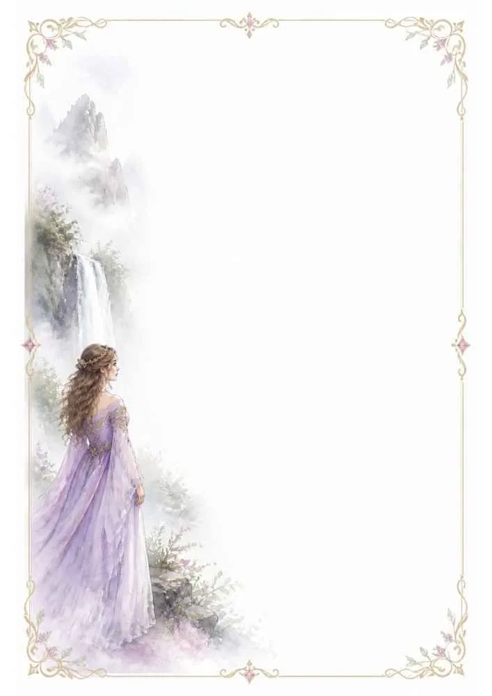 Princess facing a waterfall with a decorative border and a blank writing area.