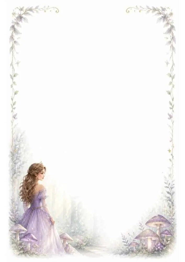 Princess in a fairy forest with glowing mushrooms and a floral border.