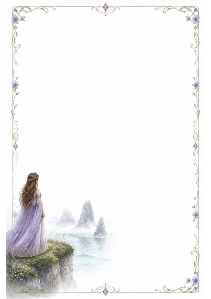 Princess on a grassy seaside cliff with rocky islands and a floral border.