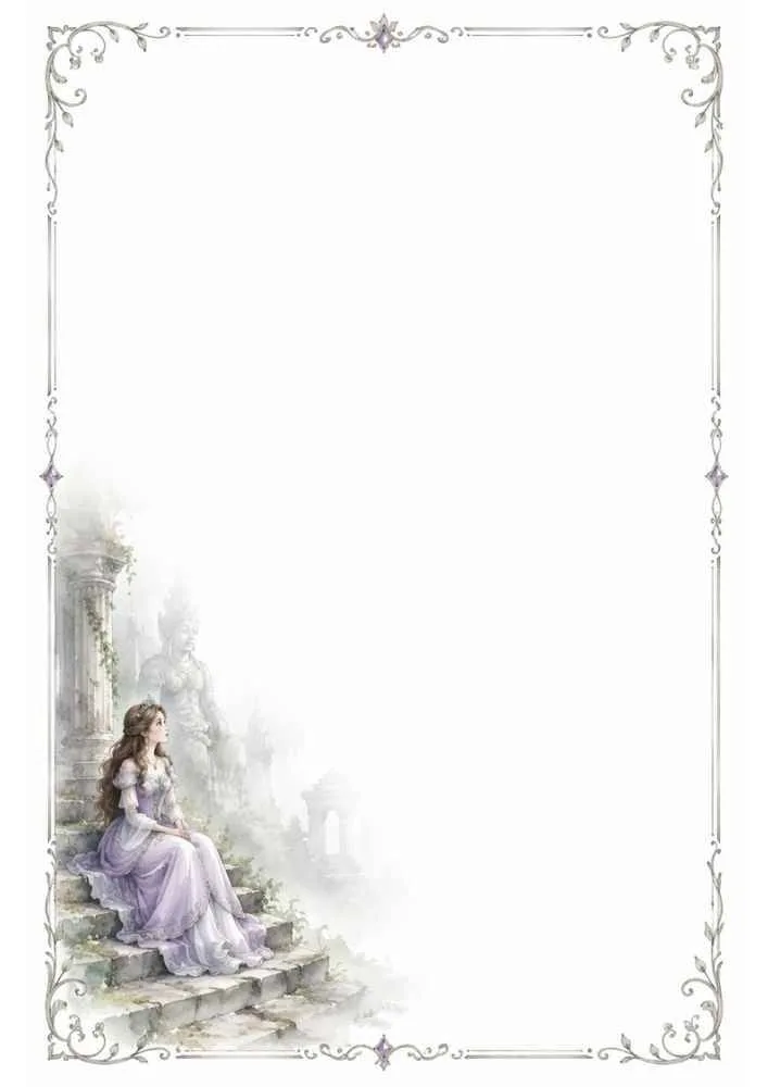 Princess sitting on castle steps with ruins and a decorative border.