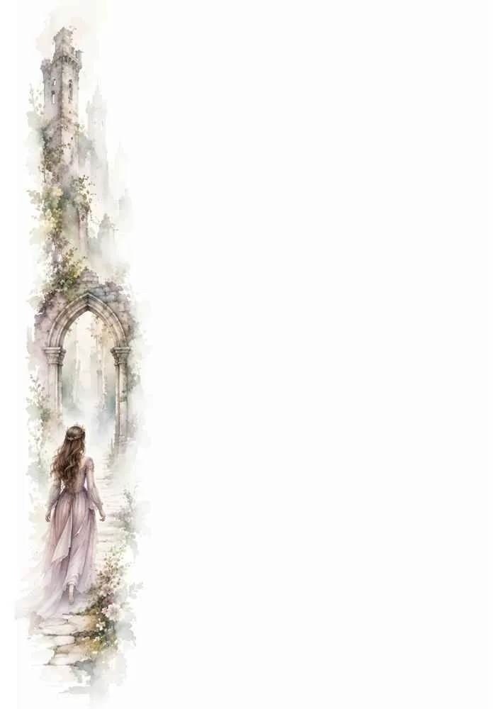 Princess walking toward a stone arch with castle ruins along the left side and a blank page.