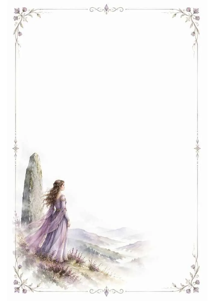 Princess looking over mountains with flowers and a delicate floral border.