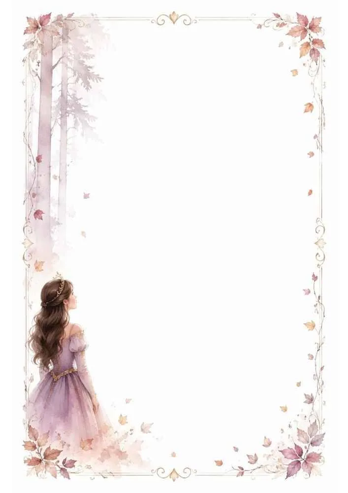 Princess under tall trees with falling autumn leaves and a floral border around a blank page.