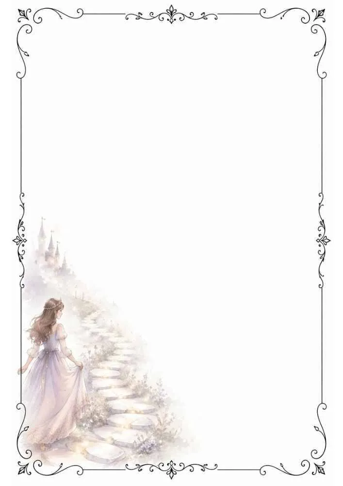 Princess walking up stone steps toward a castle with an ornate border and blank center.