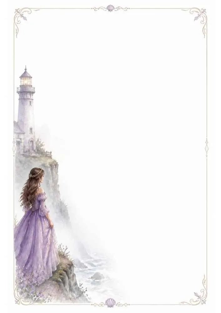 Princess beside a lighthouse on a cliff with a decorative border and a blank writing area.