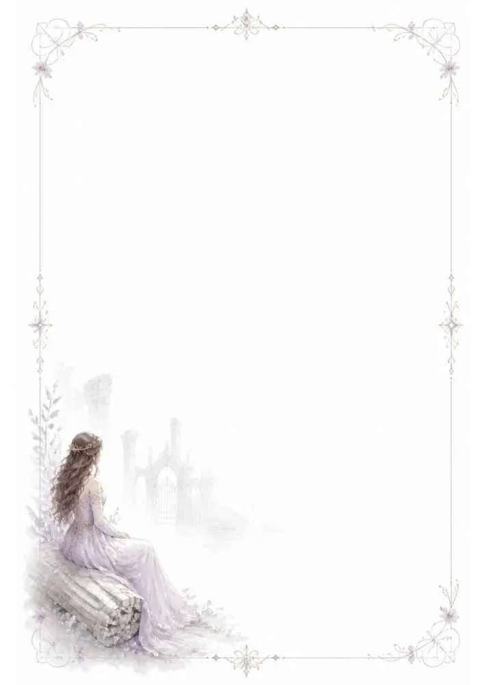 Seated princess near castle ruins with a floral border and a large blank writing area.