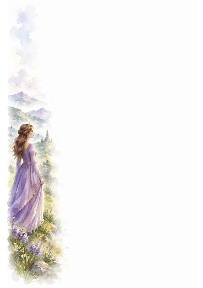 Princess in a purple dress beside flowers and mountains with a wide blank page.