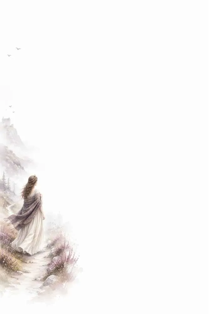 Princess on a cliff path with birds above and a large blank page.