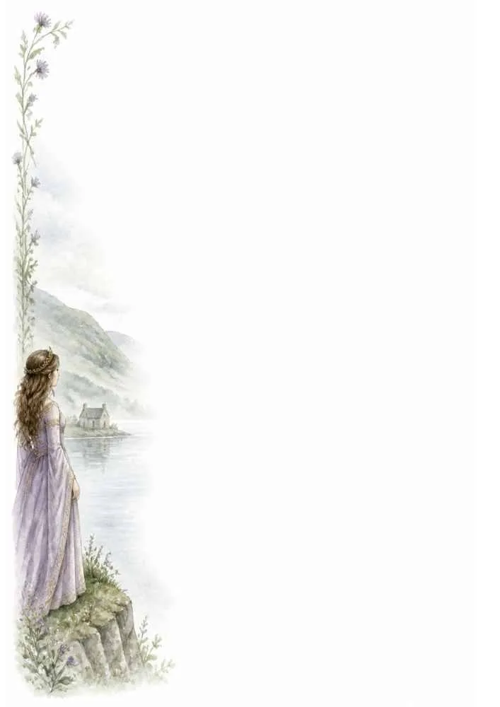Princess beside a lake facing a cottage with a large blank writing space.