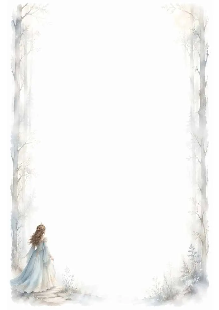 Princess in a snowy forest with tall trees and a decorative border around a blank page.