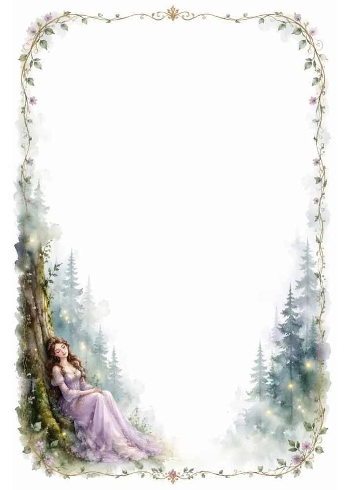 Sleeping princess beneath a tree with forest scenery and a floral border.