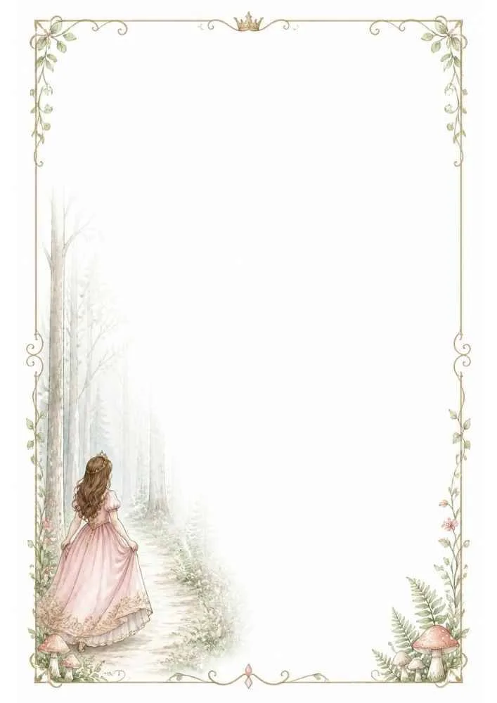 Princess walking along a forest trail with mushrooms and a decorative border.