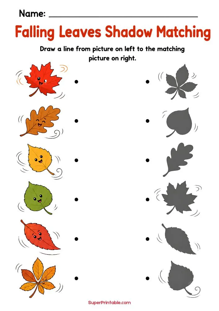 A worksheet titled "Falling Leaves Shadow Matching" with six animated leaves showing happy faces and motion lines on the left. Matching gray leaf shadows appear on the right for children to connect.