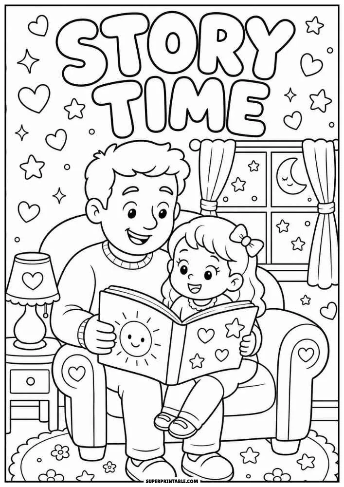 A black and white coloring page with the words "STORY TIME." A father and daughter sit in a chair reading a book beside a lamp and window with stars, hearts, and a moon outside.