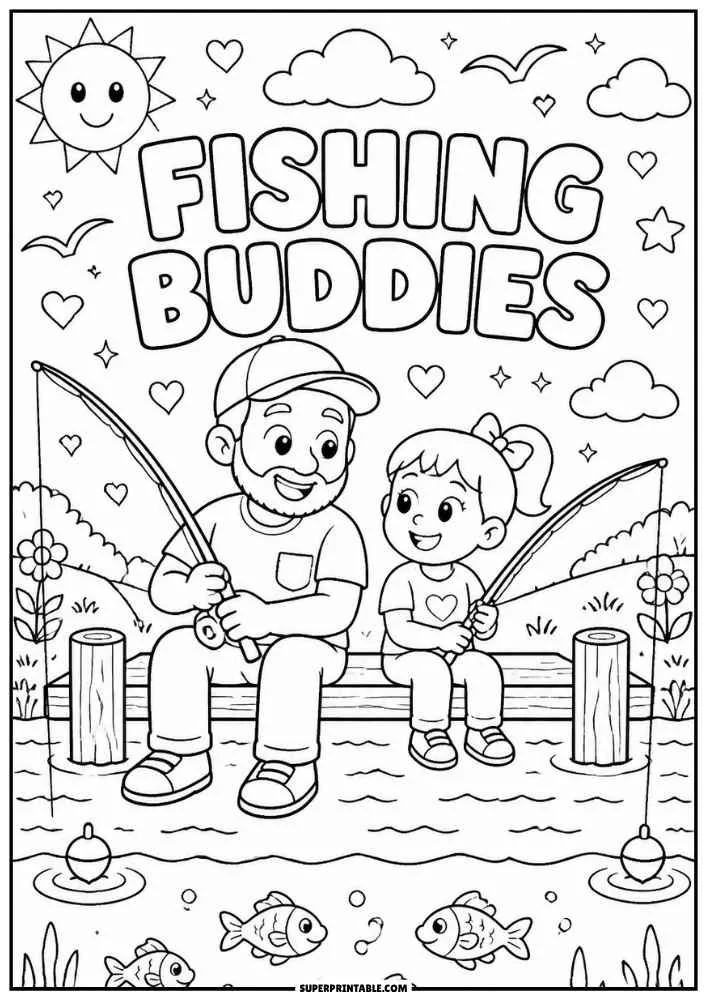 A black and white coloring page with the words "FISHING BUDDIES." A father and daughter sit on a dock holding fishing rods above water with fish, floating bobbers, hearts, clouds, and a smiling sun.