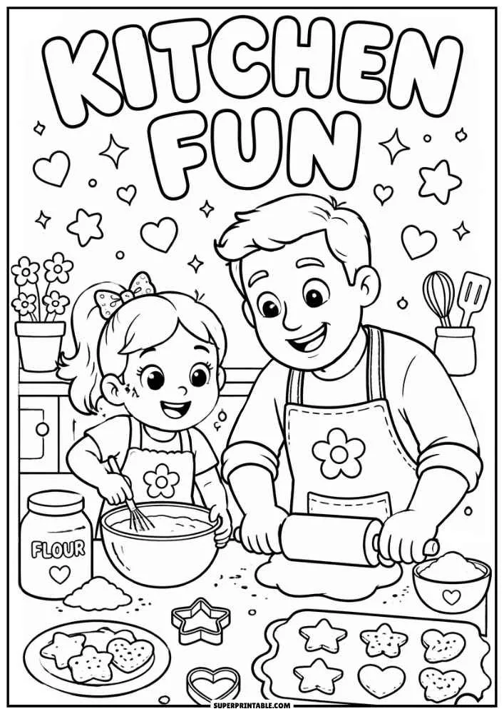 A black and white coloring page with the words "KITCHEN FUN." A father and daughter bake cookies with bowls, rolling pins, cookie cutters, flour, hearts, stars, and kitchen tools.