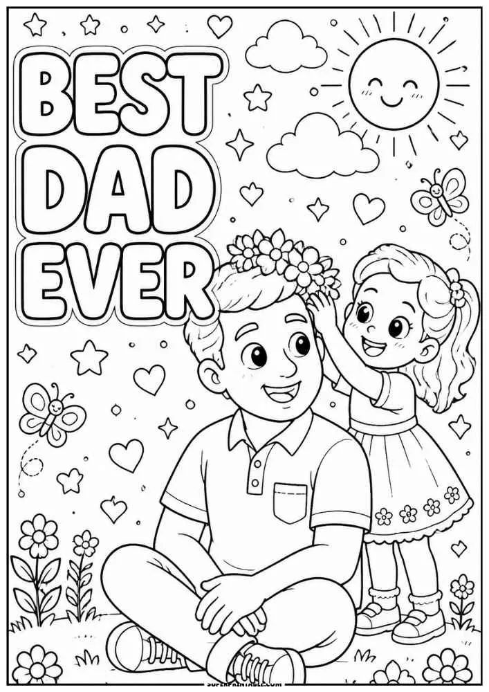 A black and white coloring page with the words "BEST DAD EVER." A daughter places a flower crown on her seated father while hearts, flowers, butterflies, and a smiling sun surround them.