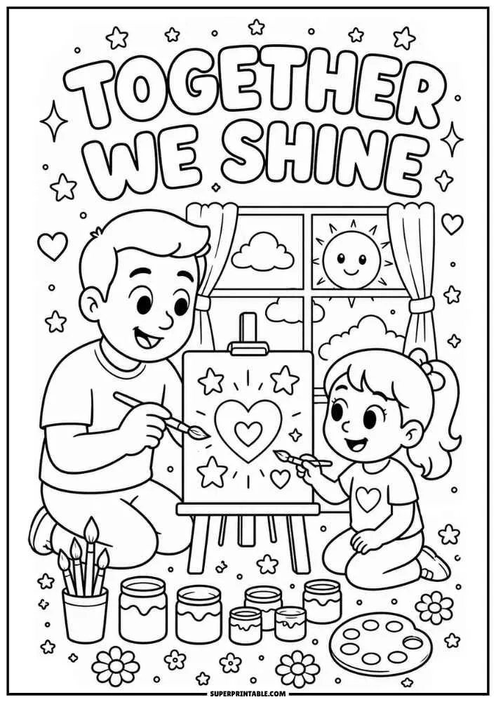 A black and white coloring page with the words "TOGETHER WE SHINE." A father and daughter paint a heart picture on an easel indoors with art supplies, flowers, and a sunny window.
