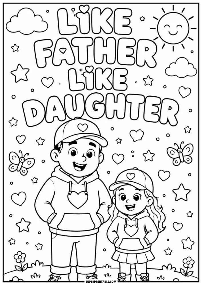 A black and white coloring page with the words "LIKE FATHER LIKE DAUGHTER." A father and daughter wear matching hoodies and caps while standing among hearts, stars, butterflies, clouds, and flowers.