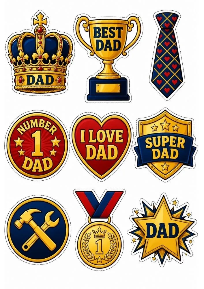 Father’s Day stickers with crowns, trophies, medals, tie, and best dad award badges.