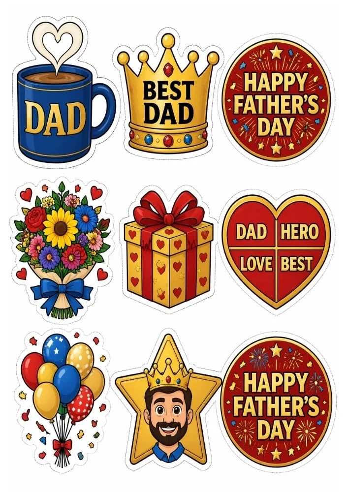 Father’s Day celebration stickers with gifts, balloons, flowers, crowns, hearts, and happy Father’s Day badges.