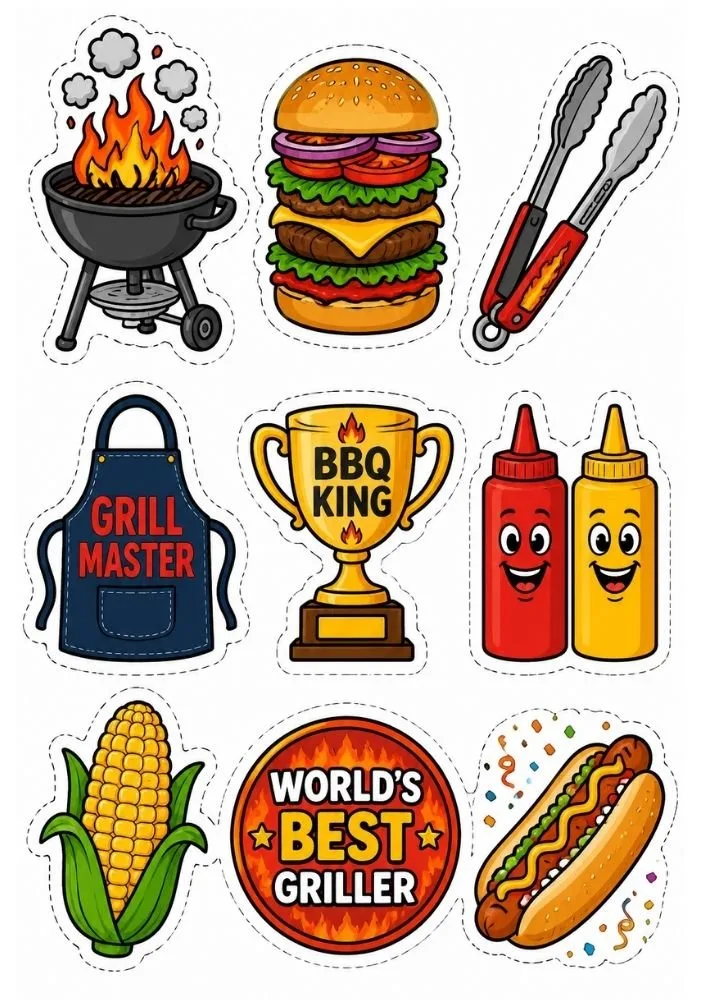 BBQ Father’s Day stickers with grill, burger, hot dog, apron, trophy, and grilling badges.