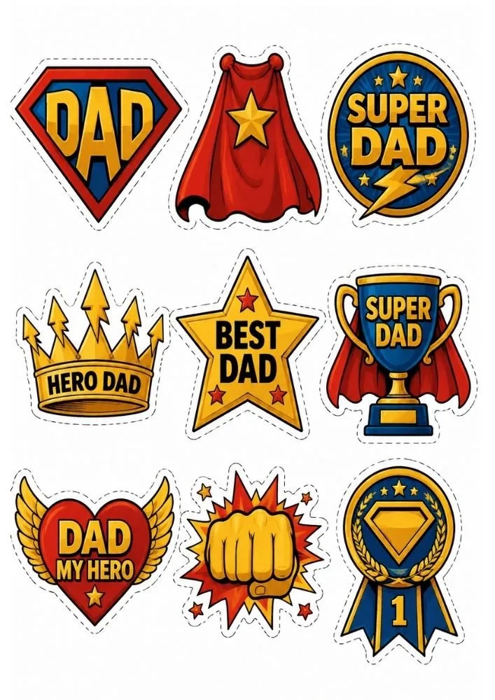 Super Dad stickers with superhero symbols, capes, trophies, crowns, and hero-themed badges.