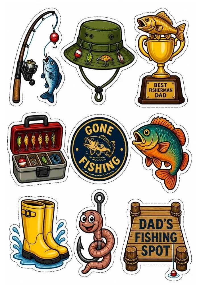 Father’s Day fishing stickers with fish, rod, tackle box, boots, trophy, and fishing signs.
