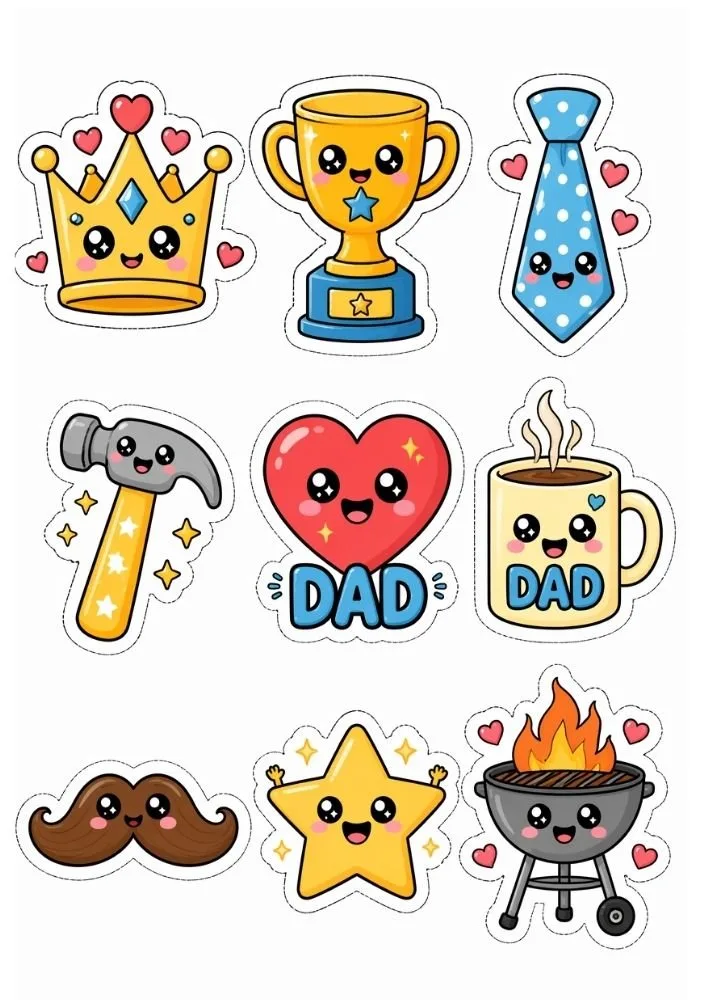 Cute Father’s Day stickers with smiling crown, trophy, tie, mug, heart, mustache, and grill.