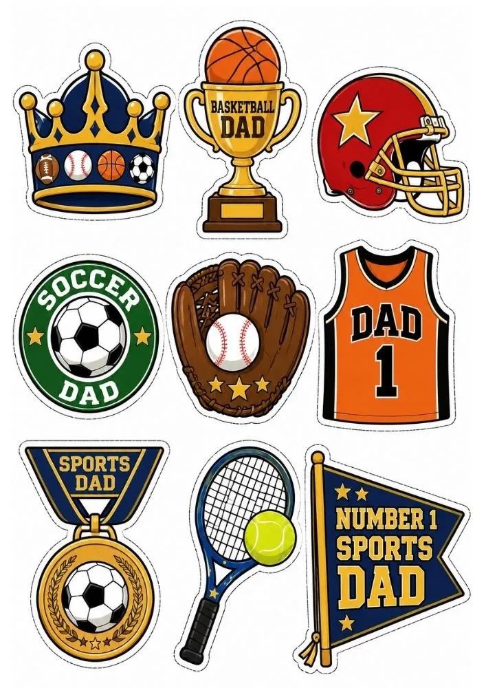 Sports dad stickers with basketball, soccer ball, helmet, tennis racket, trophies, and medals.
