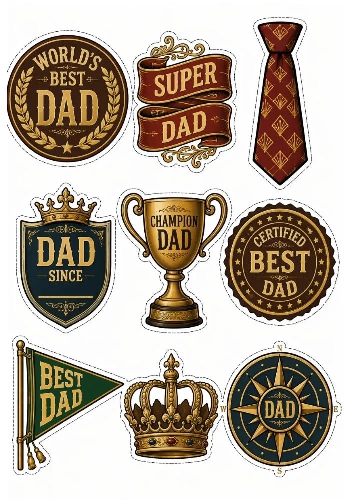 Vintage Father’s Day stickers with crowns, trophies, badges, banners, compass, and best dad labels.