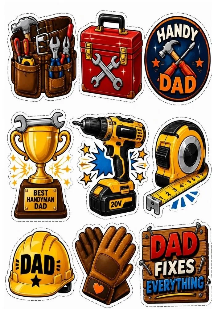 Handyman Father’s Day stickers with tools, drill, toolbox, hard hat, gloves, and repair awards.