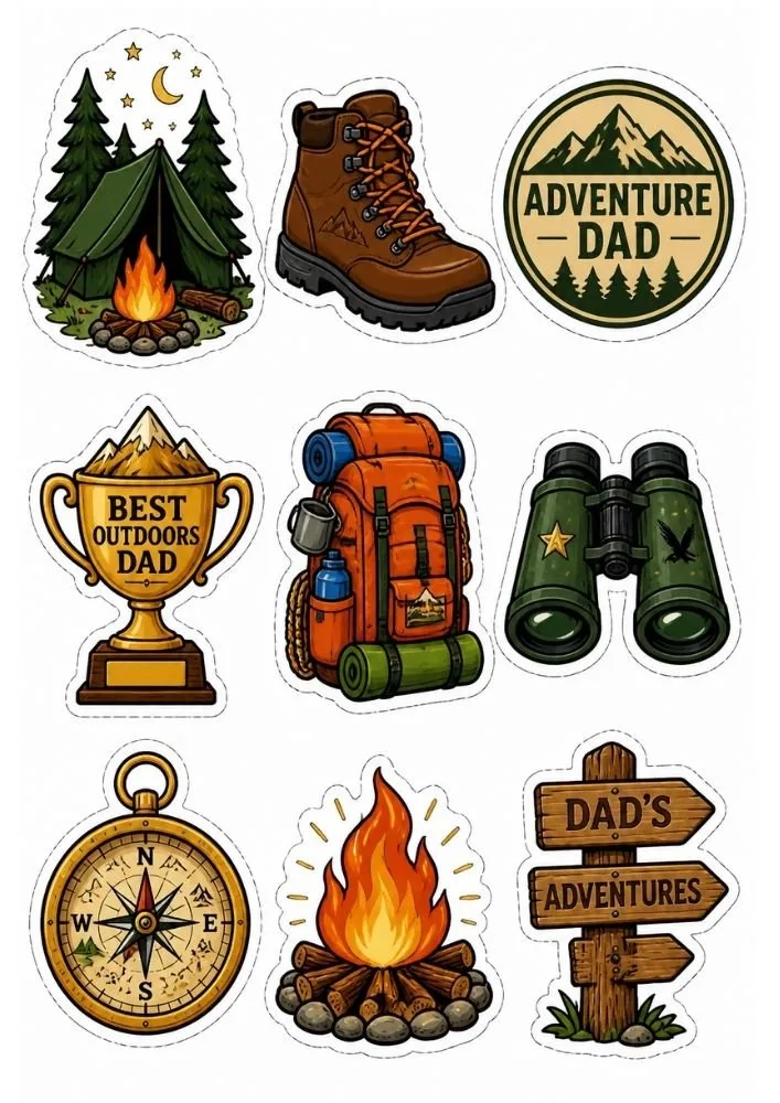 Adventure dad stickers with camping gear, hiking boots, backpack, binoculars, compass, and campfire.