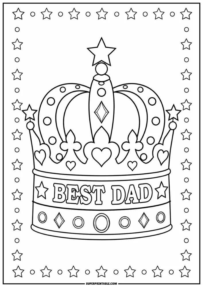 Crown coloring page with Best Dad text, stars, hearts, and decorative jewels.