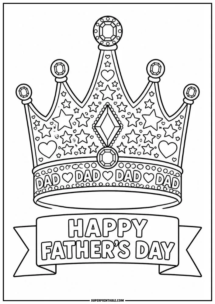 Decorative crown coloring page with Happy Father’s Day banner.