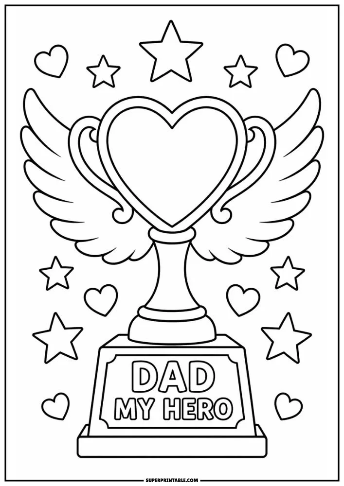 Winged heart trophy coloring page with Dad My Hero message.